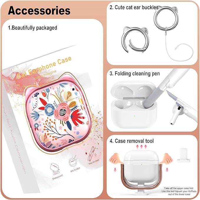 RFUNGUANGO AirPods 4 Case for Women Girly Cat Case with Lock, Phone Stand,Keychain & Cleaner Kit, Compatible with Apple Airpods 4th Generation Case Cover, Transparent Gold