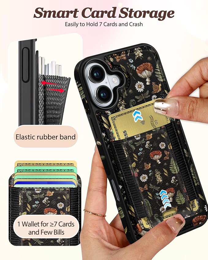 Shorogyt for iPhone 16 Plus Wallet Case - Fits 5 Cards, Compatible with Magsafe Detachable Magnetic Credit Card Holder Leather Cardholder Cute Phone Cover Women Girls for Apple 16Plus, Mushroom