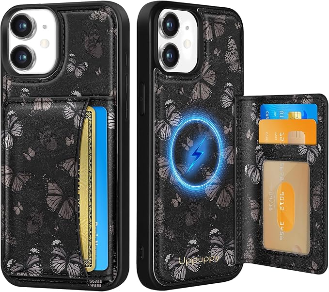 for iPhone 11 Case with Wallet - Fits 4 Card Slots, Compatible with MagSafe for Women Aesthetic Durable PU Leather Credit Card Holder Kickstand Phone Cover for Apple 11, Black Butterfly