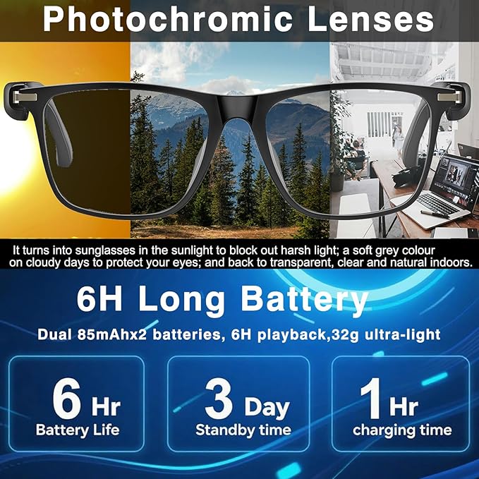Ai Smart Glasses with Chat GPT, Bluetooth Glasses for Men Women with 160+ Language & Accents, Translation Glasses Color-Change Lens, Smart Eyewear for Gaming Meeting Travel Trade Business, (Black)