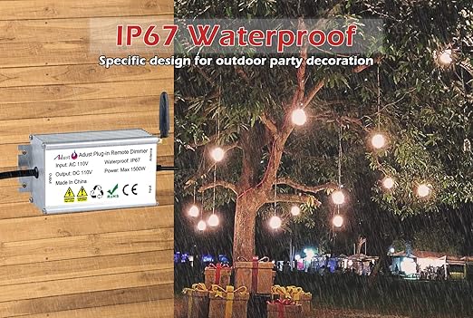 Outdoor Dimmer for String Lights 1500W, IP67 Waterproof/150FT Range/Timer Control/3 Prong Outlet for Outdoor LED String Lights & Incandescent Bulbs, Wireless RF Remote Plug-in Dimmer Switch