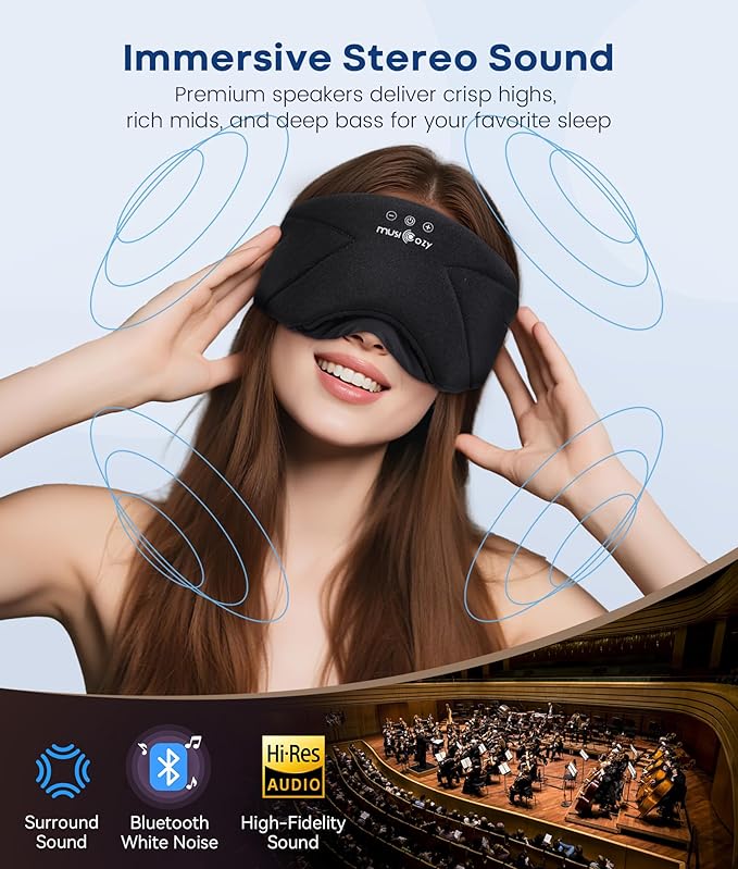 MUSICOZY Bluetooth 5.4 Sleep Headphones Bundle, Washable Zipper Sleep Mask with HD Stereo Speakers + 3D Eye Mask with Smart Timer, Wireless Music Headphones for Side Sleepers, Travel, Relaxation