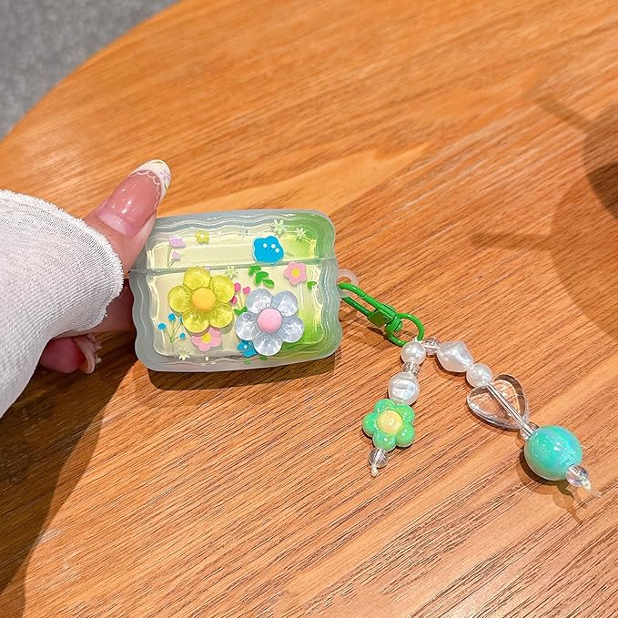 for Airpod Pro 2/1 Case Cute 3D Flower with Keychain Clear TPU Protective Cover Compatible with AirPods Pro 2nd / 1st Gen Case for Girls Women (Floral Blue Yellow)