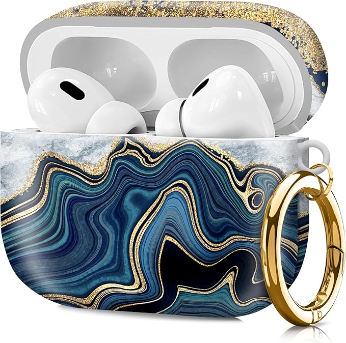 Compatible with Airpod pro 2nd/1st Generation Case Cover with Gold Round Keychain Cute Pattern Hard & Anti Slip Cover for Men Women & Girls（Blue and Gold）