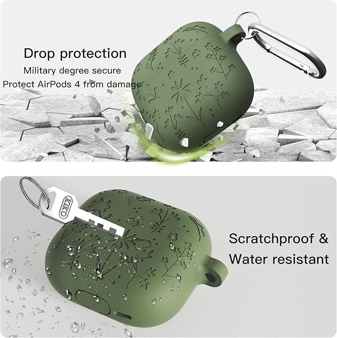 DamonLight Flora Engraved Case for AirPods 4 with Active Noise Cancellation Cover Shockproof Protective Soft Silicone Case with Cleaning Pen and Keychain for Apple Airpods 4th Generation(Olive Green)