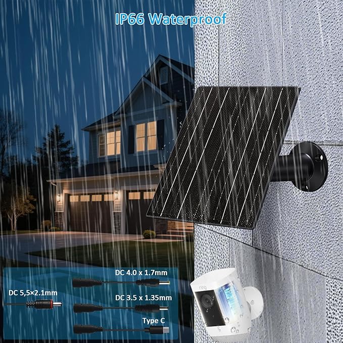 10W Solar Panel with 10400mAh Battery for Security & Trail Cameras, 5V/12V Adjustable Output, USB-C & DC Plugs, IP66 Waterproof, 360° Mount, 9.8ft Cable