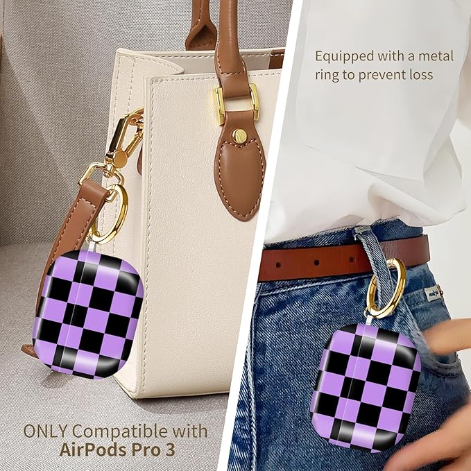 Compatible with AirPods Pro 3rd Generation 2025 Case Cover with Gold Keychain - Cute Protective Hard AirPod Pro 3 Cases for Women - Purple Black checkboard