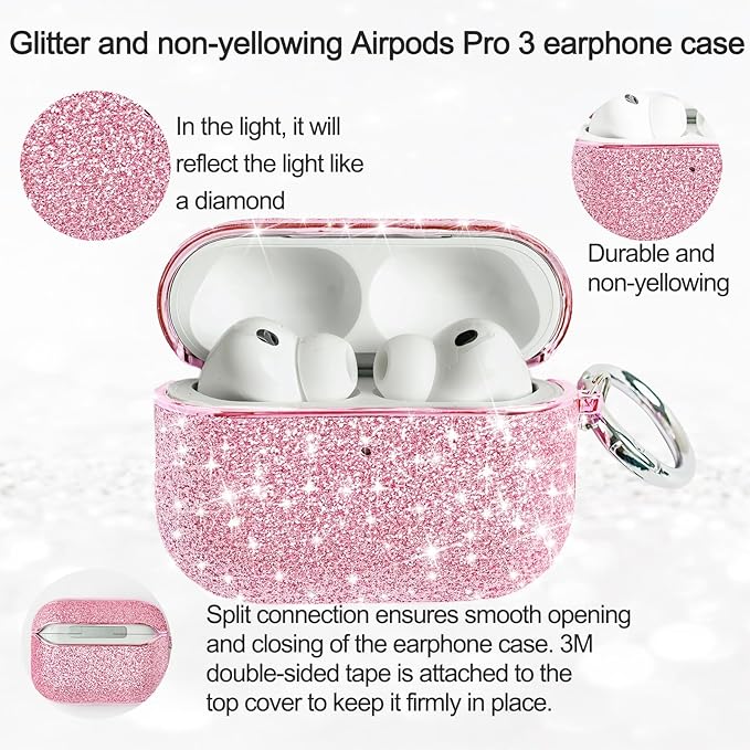 for Glitter AirPods Pro 3 Case 2025| Cute Bling Hard Air Pods Pro 3 Case (Model A2700/A2931) | with Keychain | Sparkly Rhinestone iPods Pro 3 Cases for Women Girl(Pink)