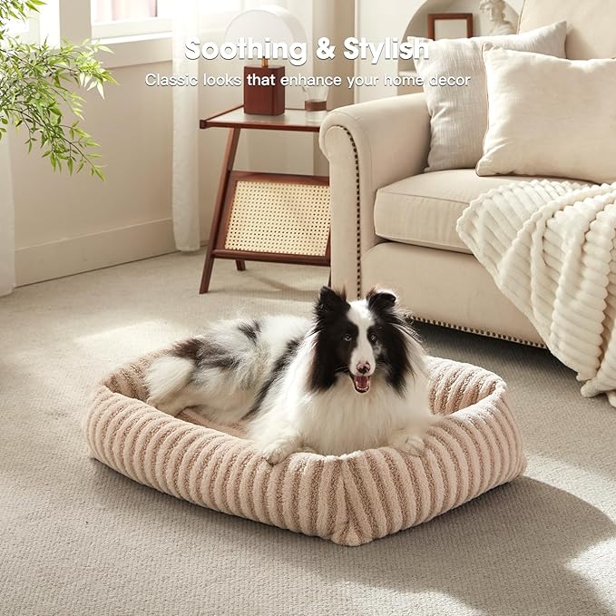 MIXJOY Dog Bed for Medium Small Size Dog, Washable Medium Dogs Bed with Removable Cover, Rectangle Doggy Ded Fluffy Plush Faux Fur Pet Bed with Anti-Slip Bottom, 25"x21"x7", Beige