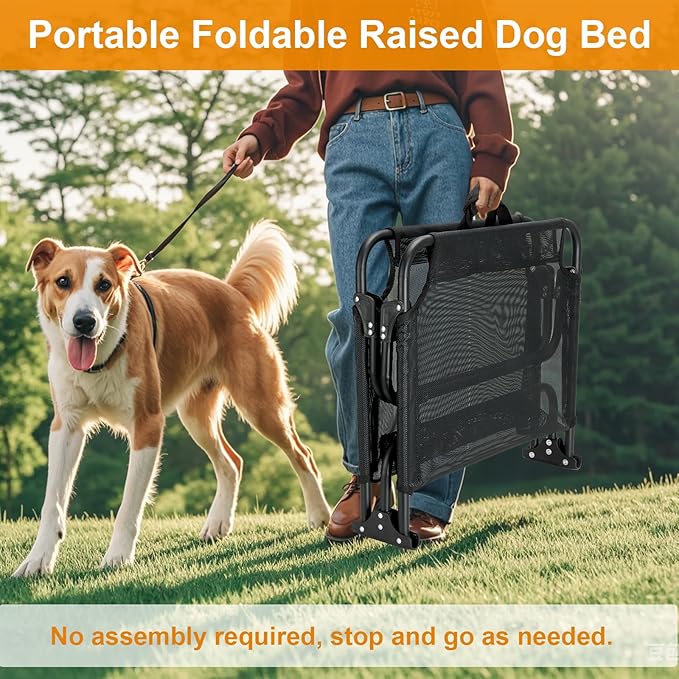Foldable Elevated Dog Bed for Large Pet, No-Assembly-Need Folding Raised Dog Bed, Waterproof Outdoor Dogs Cot Cooling Pet Hammock Beds with Breathable Mesh, Chew-Proof, Black