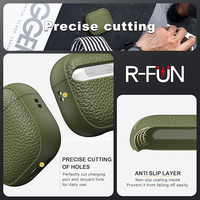 R-fun for Airpods 4 Case, Soft TPU (Leather-Like Design) Drop Protection Cover for Men and Women with Lanyard and Cleaner Kit, Compatible with Apple Latest Airpods 4th Gen(USB-C)(2024)-Army Green