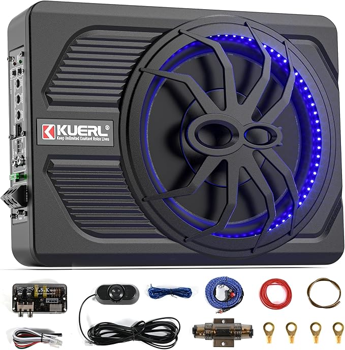 800W Car Subwoofer, 10” Slim Active Powered Subwoofer, Stereo Audio Under Seat Car Subwoofer with Built-in Amplifier, App Controlled Color LED Ambient Lights