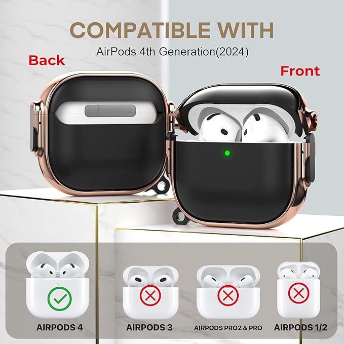Maxjoy for AirPods 4 Case with Lock, Cute AirPods 4 Case Lock Protective Hard AirPod 4 Generation Cover for Women Men with Keychain Clip for AirPod 4th Generation Cover 2024, Black/Rose Gold