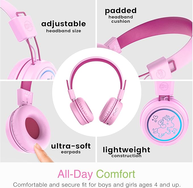 MEE audio KidJamz KJ55BT Personalized Bluetooth Wireless Safe Listening Headphones for Kids w/Custom LED-Backlit Design, Volume Limiter, Mic; Kids Headset for School/iPhone/iPad/Tablet (Pink)