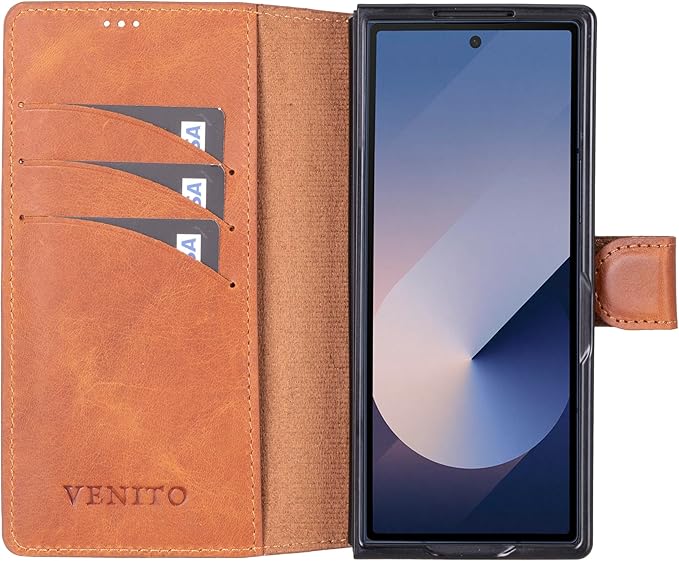 Venito Trieste for Samsung Galaxy Z Fold 6 Case, Handmade Premium Leather Wallet Case [RFID Blocking] with Card Holder Stand Folio Protective Phone Cover, Antique Brown