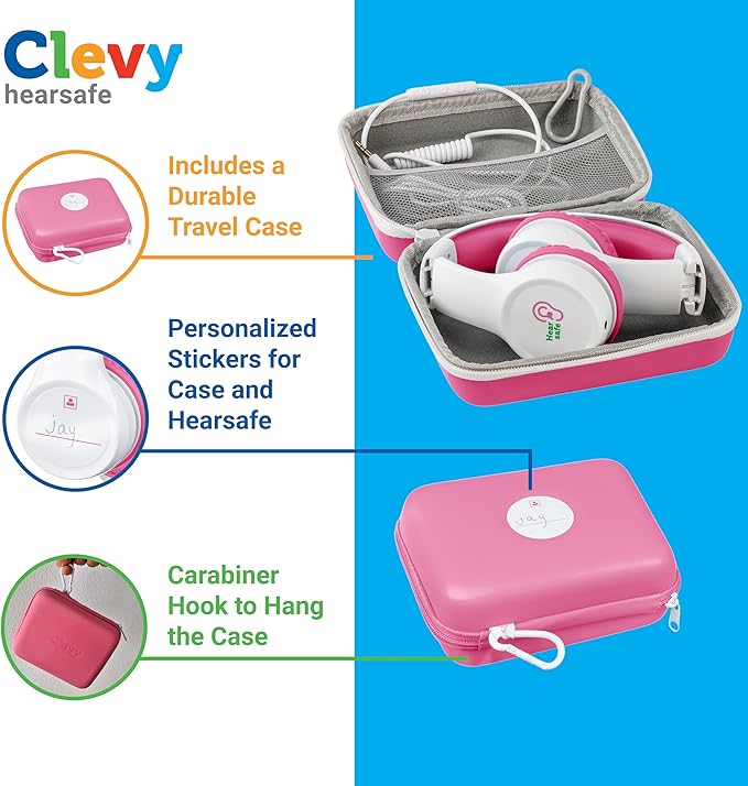 Clevy Kids Headphones Over-Ear 3.5mm Jack Wired Headphones for School - 5ft Tangle-Free Cord with HD Mic, 85dB Volume Limited for iPad/Computer, Foldable Girls/Boys Durable Carrying Case (Pink)