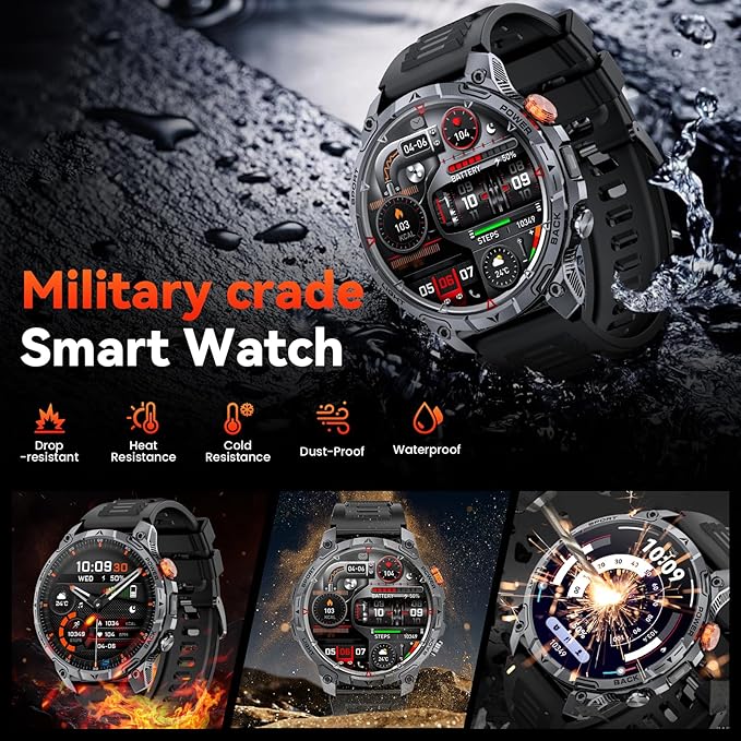 Military Smart Watches for Men,1.75″ Smartwatch with 100-Day Ultra-Long Battery/Flashlight,Fitness Watch for Heart Rate/Sleep/Calling/110+ Sports Mode Smart Watch for Android iOS 1000 mAh