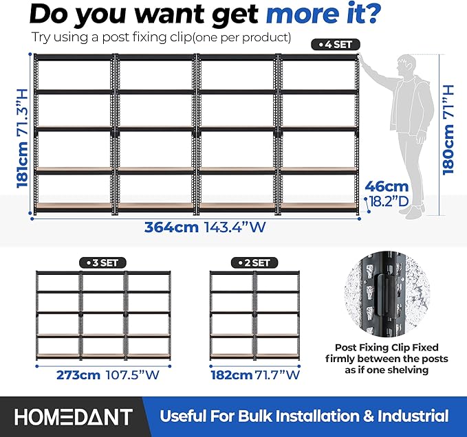 HOMEDANT 35.9" W Deep Width 5 Tier Heavy Duty Garage Shelving Adjustable Metal Rack Storage Shelves Standing Shelf Unit Organizers Pantry Closet Black 1Pack
