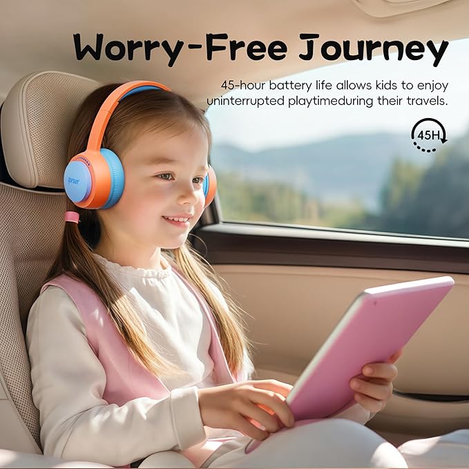 gorsun Kids Bluetooth Headphones, Toddler Headphones 85 dBA Safe Volume, 45 Hours Playtime, with Mic, Bluetooth 5.3, Kids Wireless Headset for iPad/Tablet/Travel/School, ldeal Gift (Orange)