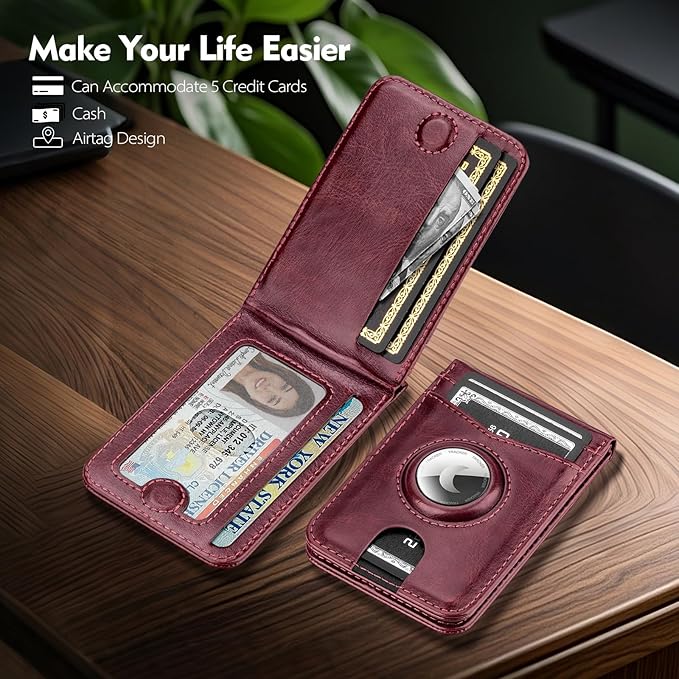 Compatible with Magsafe Case with RFID Blocking Card Holder AirTag pocket for iPhone 17/16/15/14/13/12 Pro/Pro Max/PlusSeries,Not Fit iPhone Mini,Wine Red
