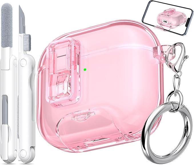 for AirPods 4th Generation Case Cover 2024, Military-Grade Shockproof Transparent Anti-Yellowing, Charging Port Dust-Proof & Stand Design with Cleaning Kit for AirPods 4 Case, Crystal Pink