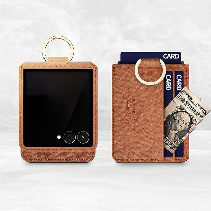 [BeYourSanta] Galaxy Z Flip 7 Case with Ring - Avant-Garde Handmade Saffiano Vegan Leather Case, Anti-Scratch Hinge Protection, Made in Korea (3 Pockets, Saddle Brown)