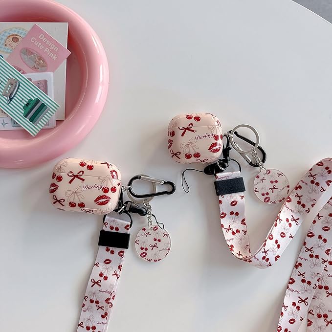 Vintage Bow Cherry Lip Design Air Pod Pro 3 Generation Case（2025） with Bow Cherry Lip Lanyard Keychain，Unique IMD Process TPU Soft Pro 3 Case
