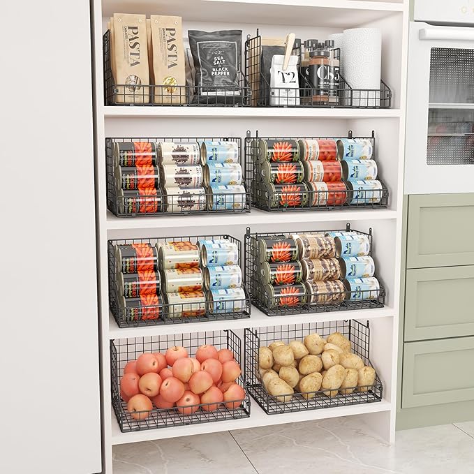 2 Pack Stackable Can Rack Organizer for Pantry Storage,Can Dispensers with 4 Adjustable Dividers, 2-Tier Metal Wire Basket Beverage Pop Soda Rack for Kitchen Cabinet Pantry, Black