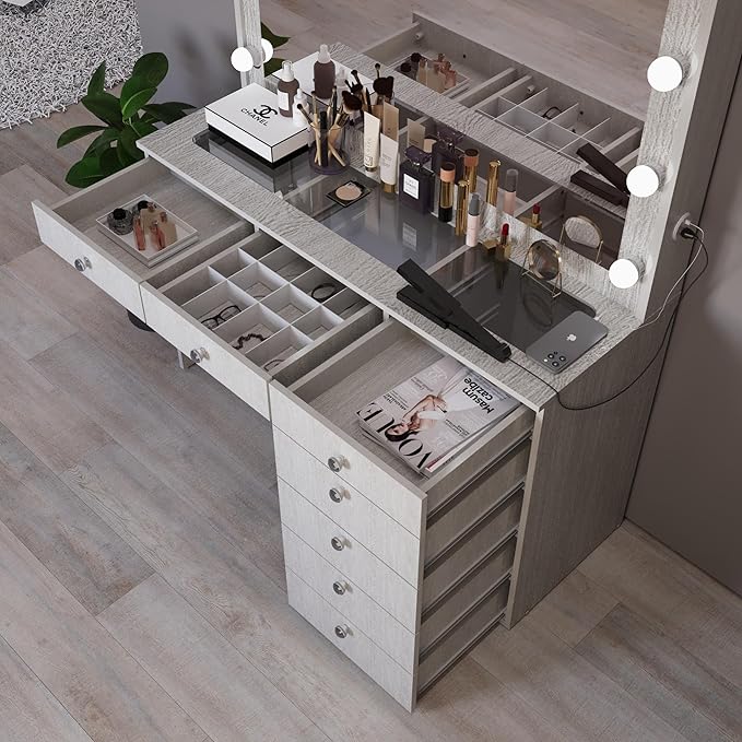 Boahaus Serena White Makeup Vanity with Mirror and 11 Lights, 7 Drawers, Glass Top, Crystal Knobs, USB-A & USB-C Ports, 110V Power Outlet, Bedroom Vanity Desk (Grey-1)