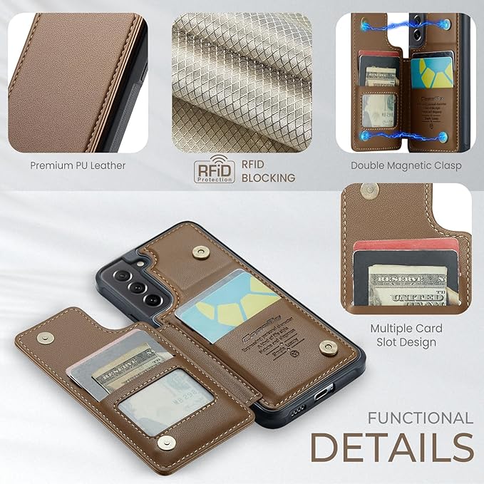 Bemal for Samsung Galaxy S21 FE Wallet Case with Card Holder, RFID Blocking, Shockproof Leather Kickstand for Men and Women, Durable Protective Phone Cover for 6.4", Brown