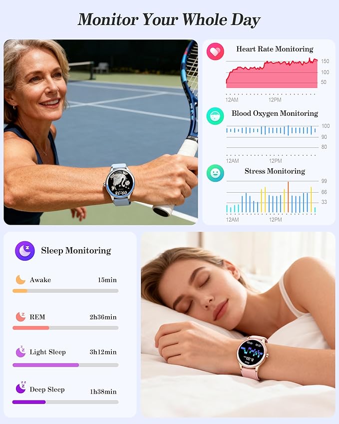 Smart Watch for Women, Ladies & Men, 1.27'' Fitness Watch [41mm case] with Call Receive/Dial, Heart Rate/Stress/Sleep Monitor, AI Voice, IP68 Waterproof Smartwatch with Calculator, Calendar, Games