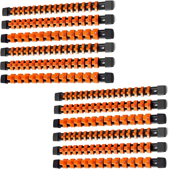 ALOANES 12PC ABS Socket Organizer, Socket Rails Fit 1/2 inch, 3/8 inch and 1/4 inch Drive, Heavy Duty Socket Holders Hold up to 172 Sockets, Black Rails with Orange Clips