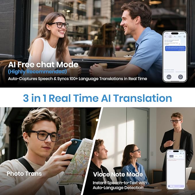 Cyxus AI Smart Glasses for Business Meetings - Real-Time Transcription Bilingual Translation & Bluetooth Audio Lightweight All-Day Wear AI8284