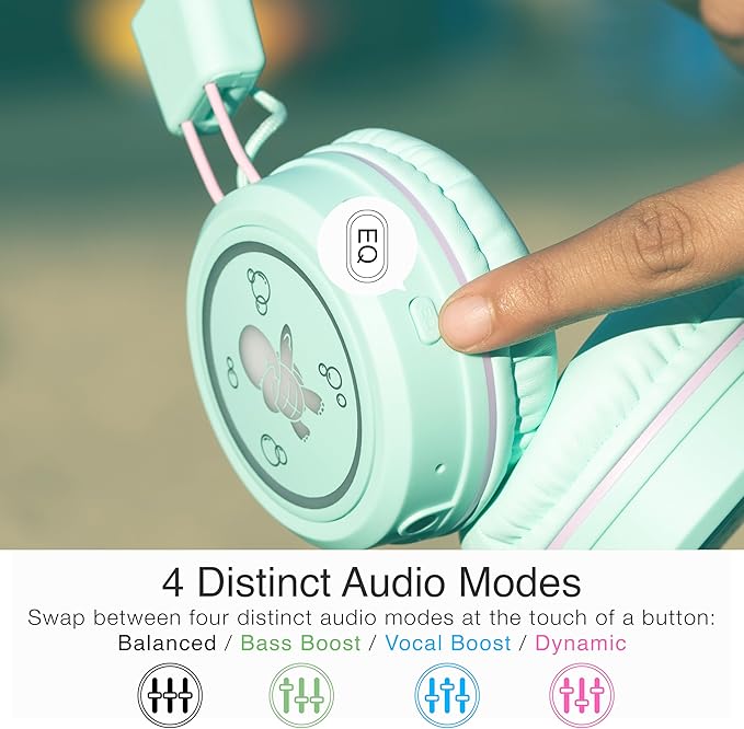 MEE audio KidJamz KJ55BT Personalized Bluetooth Wireless Safe Listening Headphones for Kids w/Custom LED-Backlit Design, Volume Limiter, Microphone; Kids Headset for School/iPhone/iPad/Tablet (Mint)
