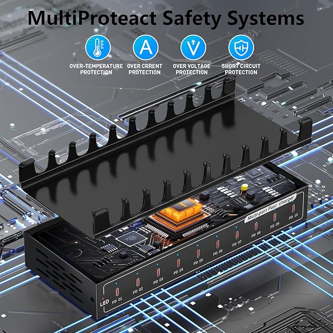 200W USB C Charging Station,Charger with 10 PD Ports, Stations for MacBook, iPhone, Android Cell Phone, iPad, Tablet, Family Multi-Device Organizer Charging Dock