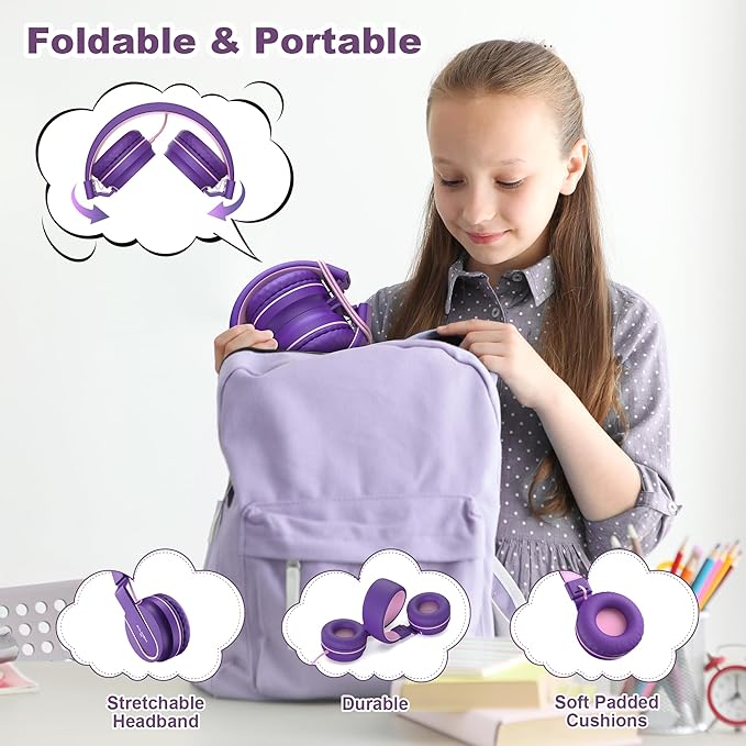 Kids Headphones, Wired Headphones for Kids On Ear with Microphone, 93dB Volume Limiter Headphone for Girls Boys, Foldable Lightweight Headphone for School Learning & Entertainment, Pink Purple