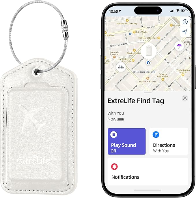 Luggage Tags, Works with Apple Find My, Leather Luggage Tag for Suitcases, Travel Tags, Bag Tag, Suitcase Tag with Privacy Flap, Anti-Lost Smart Luggage Tracker, Travel Essentials, White