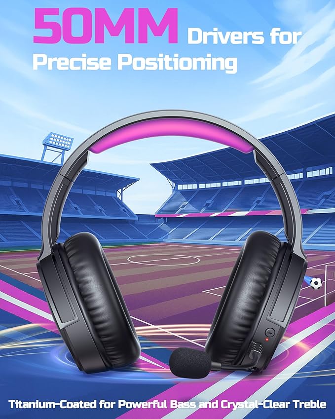 BINNUNE Wireless Gaming Headset — 2.4GHz Low-Latency USB Dongle + Bluetooth, 50mm Drivers 7.1 Surround, Noise-Cancelling Mic, 40H Battery — Over Ear Wireless Headphones for PS5, PC, Laptop, Purple