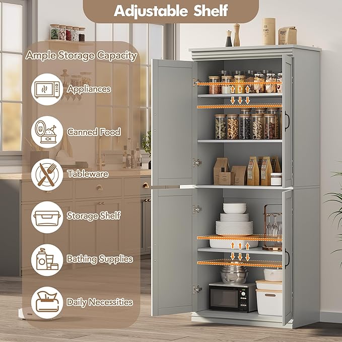 IDEALHOUSE Pantry Cabinet,70" Tall Kitchen Pantry Cabinet with Doors and Adjustable Shelves, Freestanding Cupboard, Tall Storage Cabinet for Bathroom, Dining Room, Living Room (Gray)