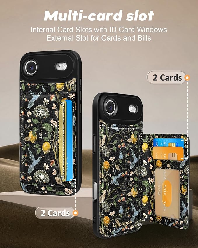 for iPhone 17 Air Case with Wallet - Fits 4 Card Slots, Compatible with MagSafe for Women Aesthetic Durable PU Leather Credit Card Holder Kickstand Phone Cover for Apple 17 Air, Lemon Bird