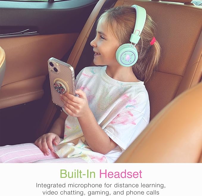 MEE Audio KidJamz KJ55BT Bluetooth Wireless Safe Listening Headphones for Children with LED Lights, 85dB Volume Limiter, Microphone, & 40h Battery; Kids Headset for School/iPhone/iPad/Tablet (Mint)