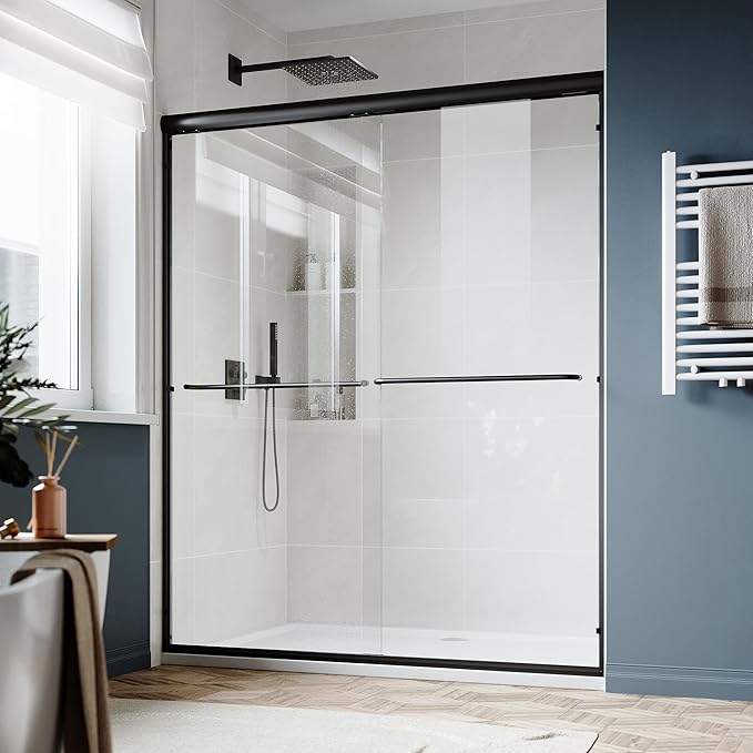 SUNNY SHOWER Double Sliding Glass Door 48" W x 72" H Shower Door 1/4" Tempered Glass Sliding Door Semi-Frameless Shower Glass Enclosure Bypass Walk in Shower Cabin, Matte Black