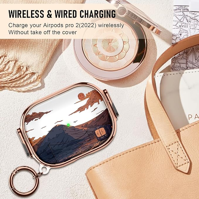 Maxjoy for Cute Airpods Pro 2 case with Safety Lock,Compatible Airpods Pro Case 2nd/1st Gen,Compatible Mountain Cloud Pattern AirPods Case Cover for Women Girly with Keychain-Transparent