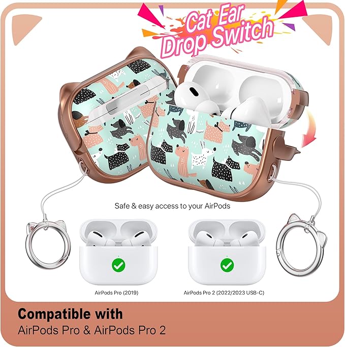 RFUNGUANGO AirPods Pro Case for Women Girly Cat Case with Lock, Phone Stand, Keychain & Cleaner Kit, Compatible with Apple Airpods Pro 2nd/1st Generation Case Cover, Rose Gold Dog