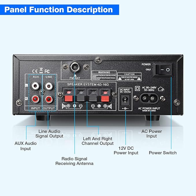 Facmogu AK-50 Bluetooth Stereo Audio Amplifier, RMS 50Wx2 HiFi Sound Stereo Amp Receiver, Remote Control Sound System w/, MP3,USB,SD,AUX, Bass Treble Control for Home Audio, Party, Karaoke, Garages