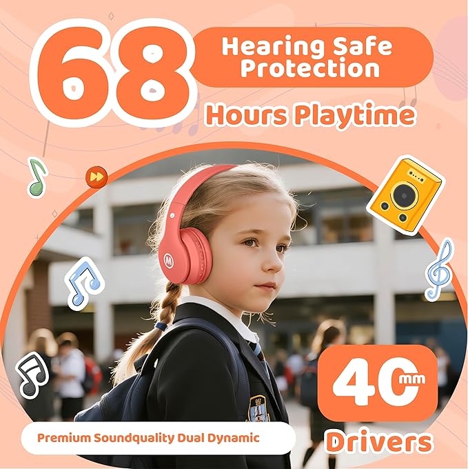 Headphones Kids Bluetooth 5.4 Wireless Play Time 68H Safe Volume Limit 85/94dB Over-Ear Foldable Headset,Fast Charging,with Aux Cord Built-in Mic for Toddler Child Pad Study Tablet Coral