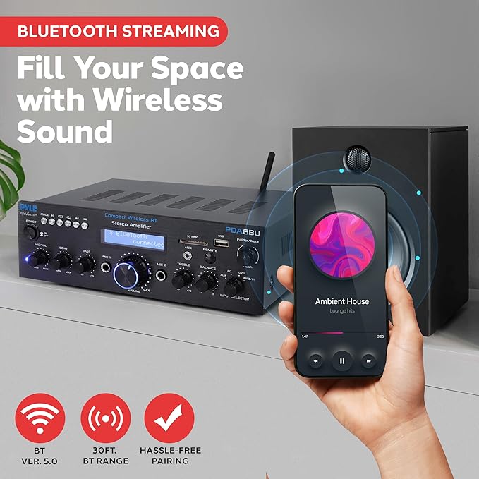 Pyle Wireless Bluetooth Power Amplifier System- 200W Dual Channel Sound Audio Stereo Receiver w/ USB, SD, AUX, MIC in w/ Echo, Radio, LCD, for Home Theater Entertainment via RCA, Studio Use- PDA6BU.7