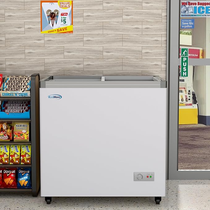 KoolMore 33 in. Flat‑Top Ice Cream Display Freezer, 7 Cu. Ft. Commercial Chest Freezer with Sliding Glass Doors, ETL Listed in White