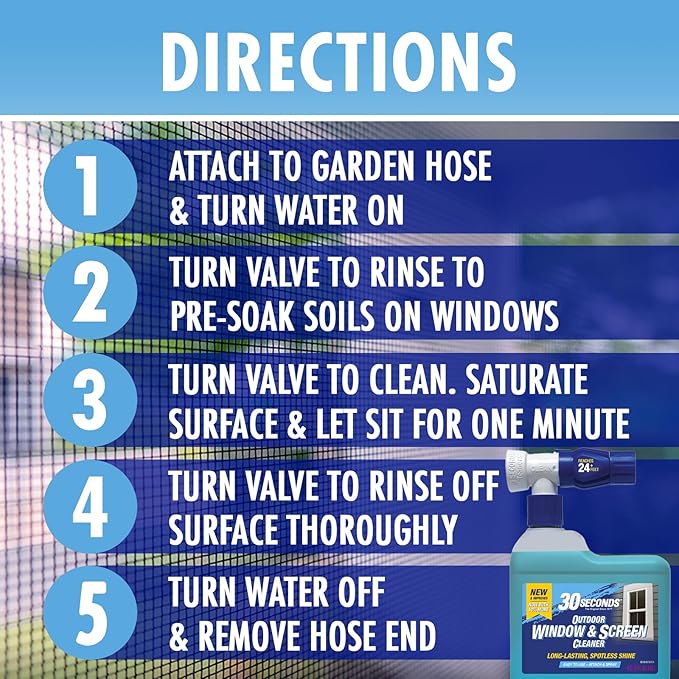 30 SECONDS Outdoor Window & Screen Concentrated Cleaner for Glass, Patio Doors, Fiberglass, Furniture - No Screen Removal Required, Spray & Rinse - Refill for Hose End Sprayer Bottles, 1.1 Gallon