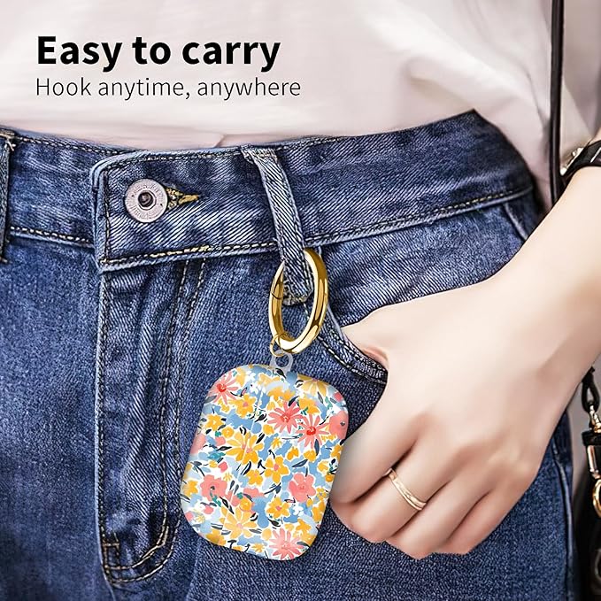 Compatible with Airpod pro 2nd/1st Generation Case Cover with Gold Round Keychain Cute Pattern Hard & Anti Slip Cover for Men Women & Girls（Comic Flowers）